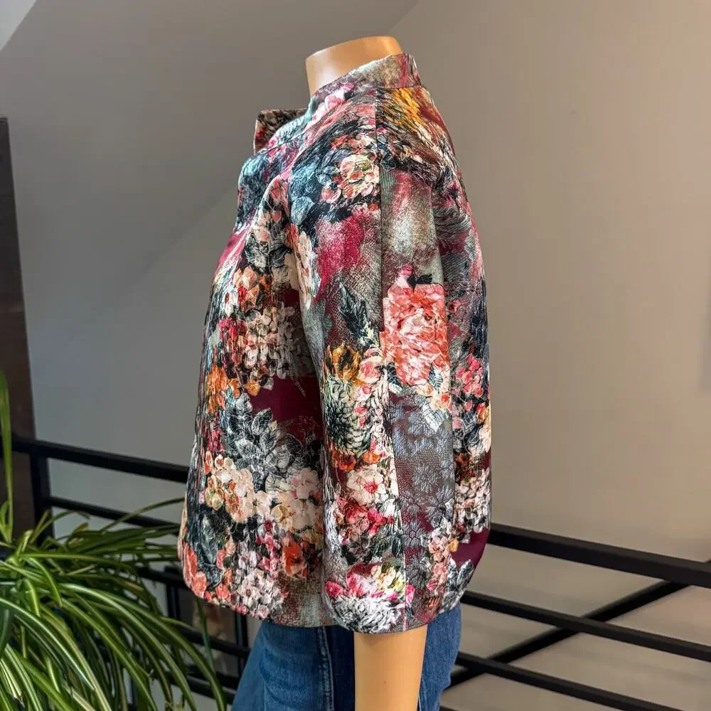 Vintage Blue Les Copains Jacquard Crop Floral Evening Jacket, Size US 8 / M / 44